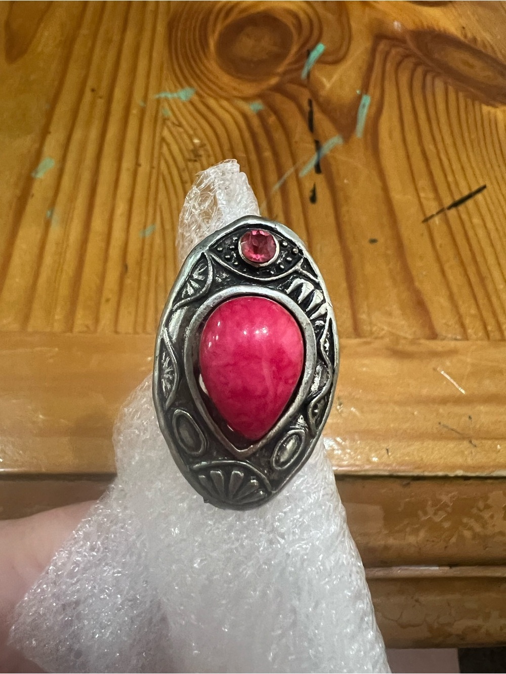 Silver-Tone Pink Teardrop Statement Ring - Brand Unspecified